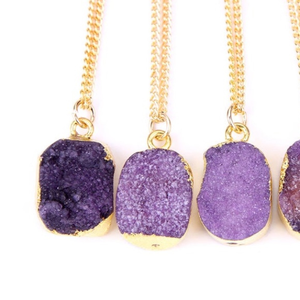 Raw amethyst geode druzy pendent necklace